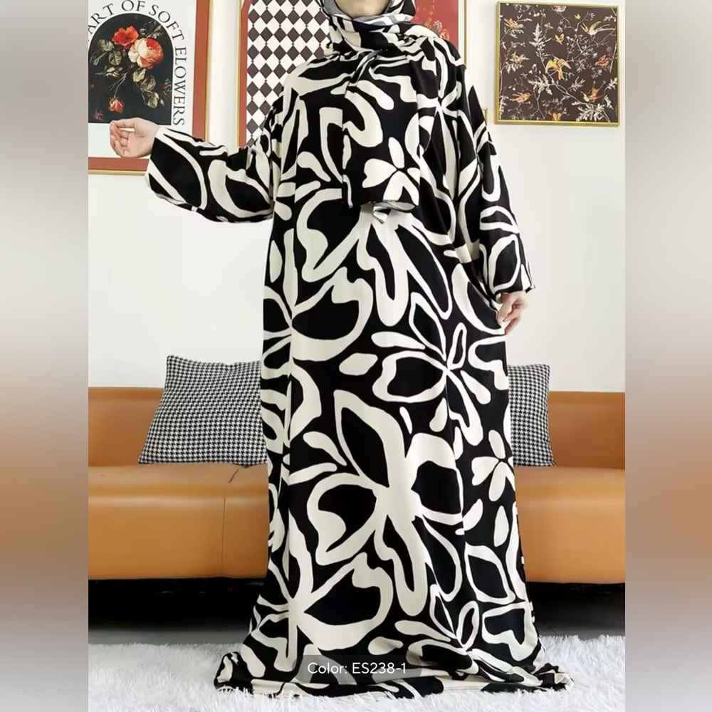 Elegant Black and White Floral abaya